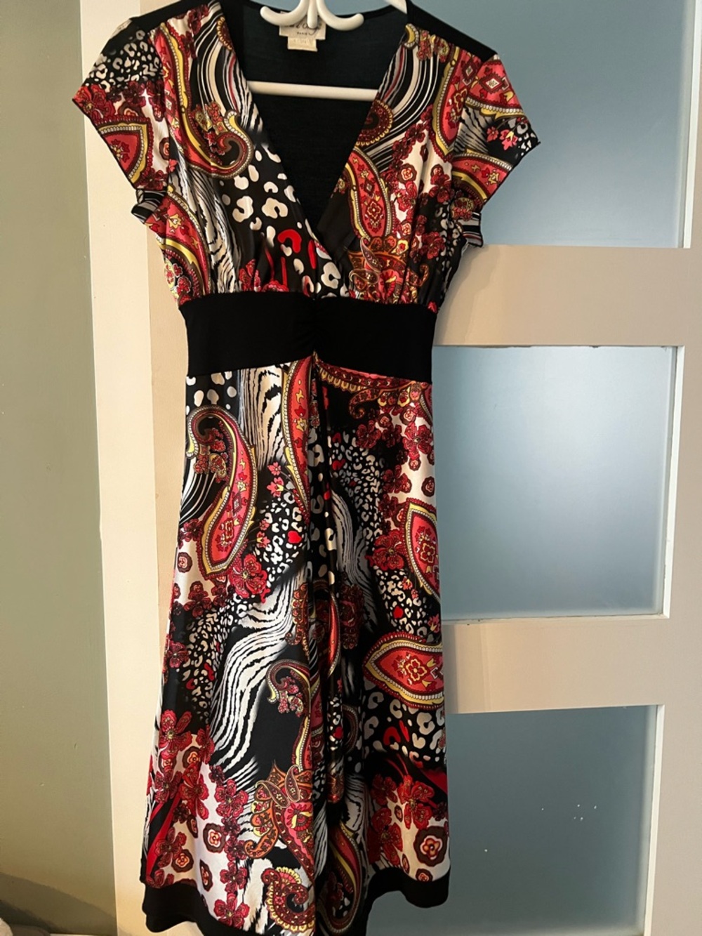 Black Midi Dress with Red Paisley Print -